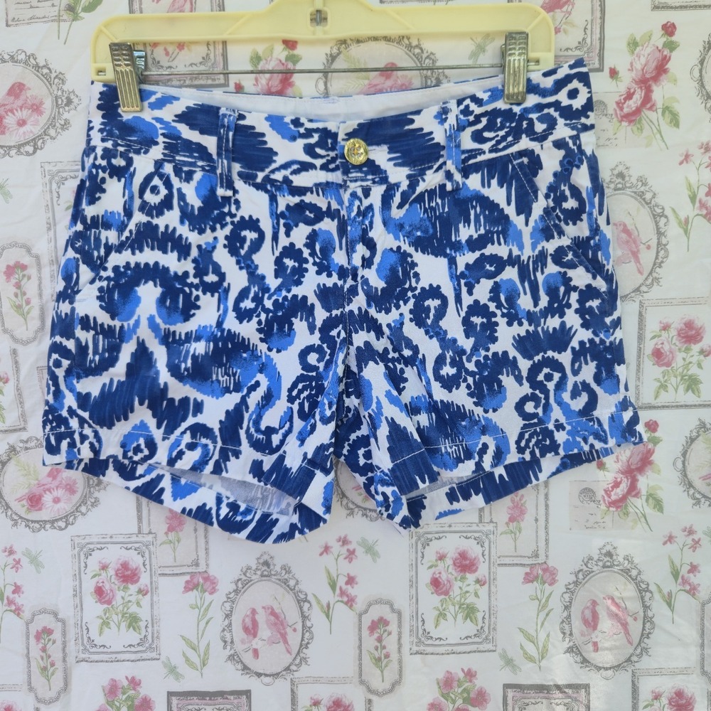 Lilly Pulitzer Callahan‎ Shorts Blue White Resort Navy Beach Bathers Ikat Size 0